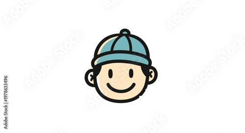 Smiling cartoon boy in blue cap.