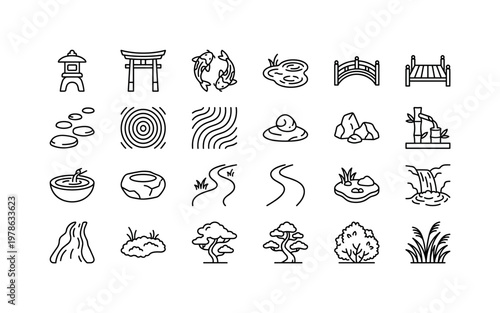 Japanese garden elements with stone lantern, torii gate, koi pond, arched bridge, bamboo fountain and raked gravel patterns clean