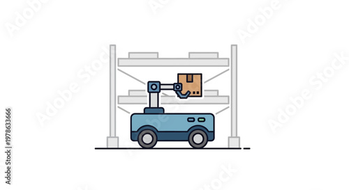 Robot arm on a blue vehicle.