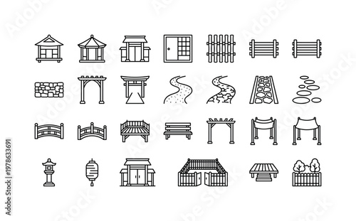 Japanese garden structures with teahouse, wooden fence, gates, pathways and architectural landscape elements clean monoline