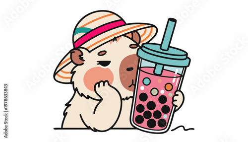 Adorable cartoon hamster in a hat holding a pink boba tea