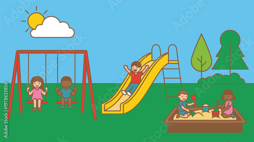 Children Playing on Playground Equipment in Park.