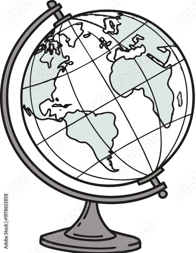 Terrestrial globe isolated. Isolated antique-style desk globe, geographical sphere on gold metal stand, world map display.