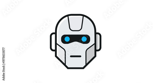 Robot head with blue eyes.