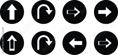 Set of Minimalist Directional Arrow Icons Featuring Straight, U-Turn, Left, and Right Navigation Symbols in Circular Black and White Graphic Design Style for Interface. Free Download Set of Minimalist Directional Arrow Icons Featuring Straight, U-Turn, Left, and Right Navigation Symbols in Circular Black and White Graphic Design Style for Interface. - GFXLoad