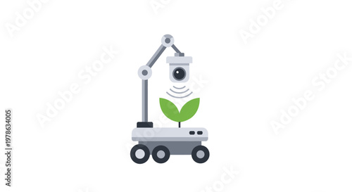 Robot nurturing green plant with camera.