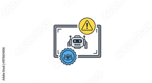 Robot on screen with warning sign.