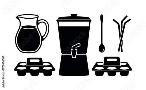 Lemonade serving items including glass pitcher with handle, beverage dispenser with tap, drink stirrer spoon, reusable straw set,