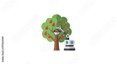 Robot picking apples from tree.