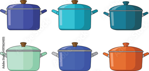Cooking Pot Vector Set with Colorful Kitchen Saucepans and Lids in Different Colors for Culinary Design Food Preparation and Home Kitchen Illustrations