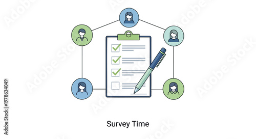 Survey, checklist, clipboard, people icons, feedback form, vector graphics