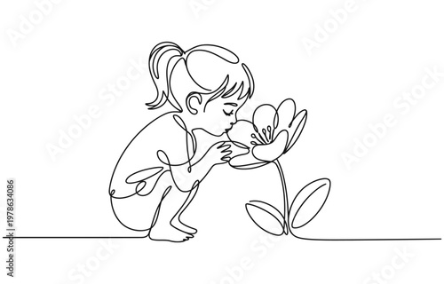 Continuous line art drawing of a young girl gently smelling a beautiful flower.
