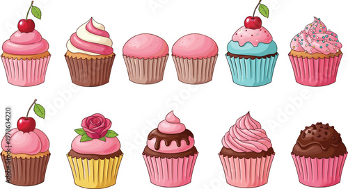 Cupcake Dessert Illustration Set with Colorful Frosting and Sweet Bakery Variations Collection for Party, Celebration, Food, and Pastry Design Projects