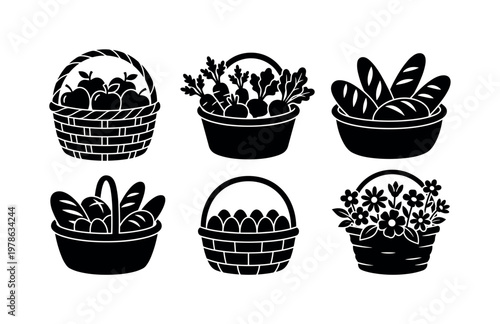 Market baskets with goods including basket with apples, basket with vegetables, basket with bread loaves, basket with eggs, basket