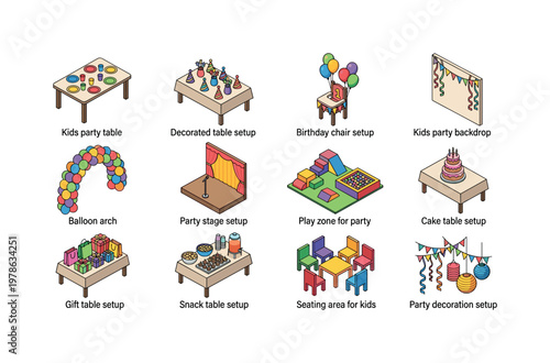 Kids party table, decorated table setup, birthday chair setup, kids party backdrop, balloon arch, party stage setup, play zone for