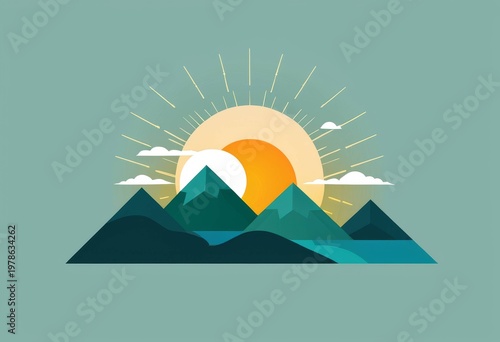 Flat design illustration of sun rising behind mountain ranges