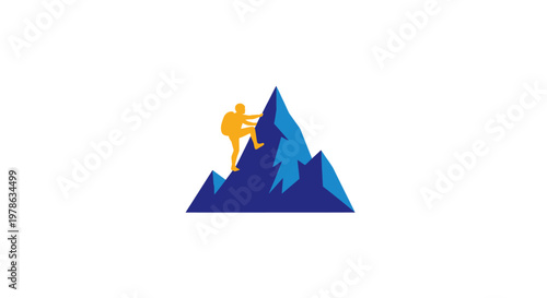 Man climbing mountain peak triumphantly upwards.