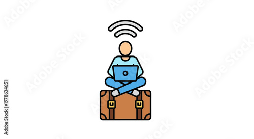 Man sitting on suitcase with laptop.