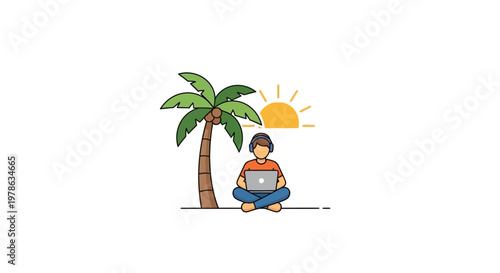 Man sitting under palm tree laptop.