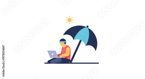 Man sitting under an umbrella working.
