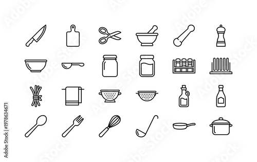 Spice herb kitchen tools and preparation items with chopping tools, storage containers and cooking accessories clean monoline