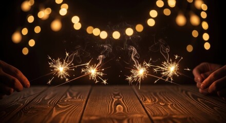 Two sparklers on a wooden table with a dark background and fairy lights.