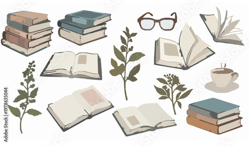 Hand drawn cozy reading vector set with books tea cup glasses and herbarium for study and autumn theme