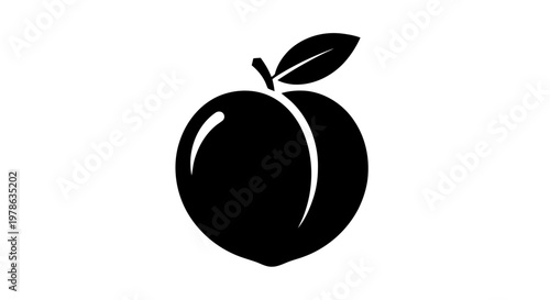 Vector illustration of black silhouette icon of a peach with a leaf on a transparent background