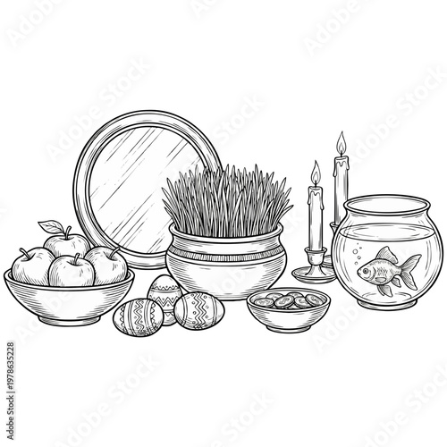 This detailed vector illustration displays traditional Nowruz table items including a mirror, green wheat grass, goldfish bowl, and decorated eggs.