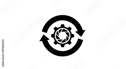 Vector illustration of gear icon with camera shutter aperture inside circular arrows on a transparent background