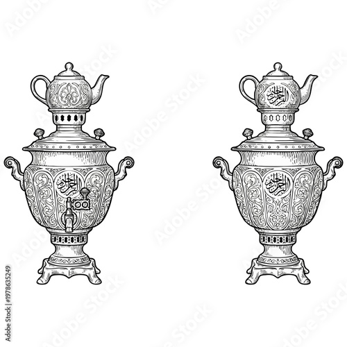 Intricate black and white vector illustration of two traditional decorative metal samovars featuring ornate eastern patterns and detailed calligraphic engravings