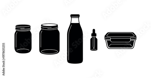 Glass jar with screw lid upright, wide mouth glass jar open, glass bottle with cap tall shape, small dropper bottle glass form,