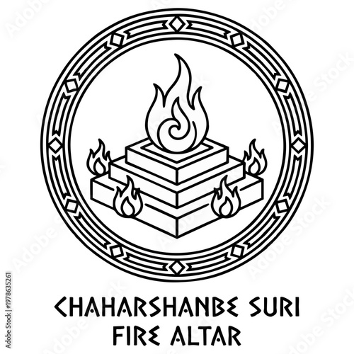 Decorative vector illustration depicting a traditional square fire altar burning with multiple flames contained inside a detailed circular geometric border.