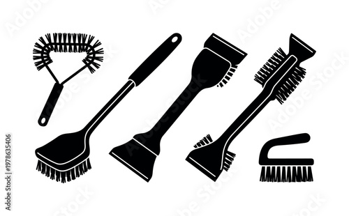 Grill brush wire bristle head tool, grill cleaning brush long handle, scraper brush flat edge cleaner, dual head grill brush