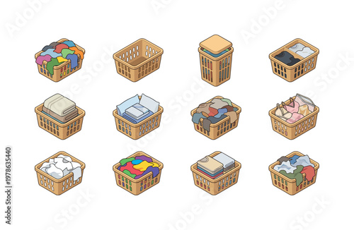 Laundry basket with clothes, empty laundry basket, full laundry hamper, sorted laundry basket, basket with towels, basket with