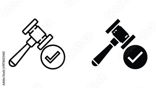 Gavel icons with approval and disapproval symbols indicating legal verdicts.