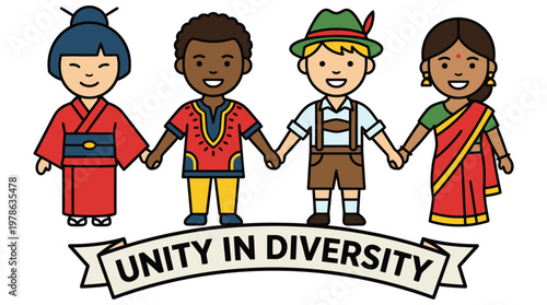 Diverse Children Holding Hands with Unity Banner.