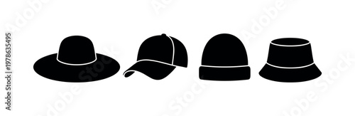 Wide brim hat rounded crown shape, baseball cap curved visor style, beanie hat soft rounded top, bucket hat short brim form,