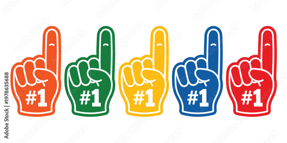 Fototapeta premium Colorful foam fingers with the number one displayed on each, perfect for sports fans, cheering events, team support, and vibrant promotional graphic design concepts.