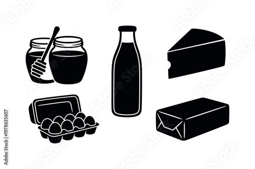 Glass jar honey with dipper stick, milk bottle tall narrow neck, cheese wedge triangular cut piece, egg carton open tray form,