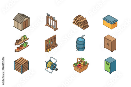 Outdoor storage shed, tool rack for garden, wood pile stack, storage box for tools, shelf with garden supplies, organizer for