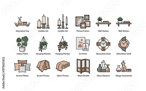 Decor styling and finishing touches with decorative tray, candles set, picture frames, wall shelves, indoor plants, hanging