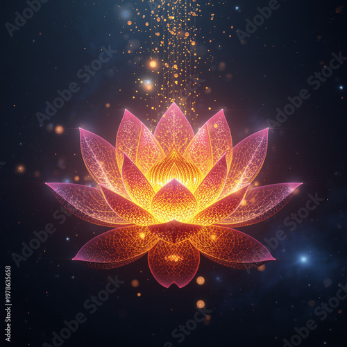 a pink lotus flower blooming slowly on calm water, sunrise golden light, ultra realistic, cinematic lighting, water reflection, soft fog