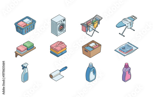 Household laundry and cleaning essentials illustrated in a modern style