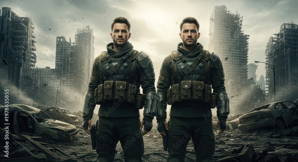 Fototapeta premium Two male soldiers stand in a ruined city after a conflict.