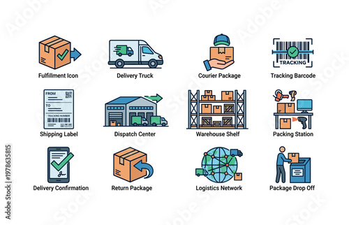 Delivery and fulfillment with shipping box, delivery truck, courier package, tracking barcode, shipping label, dispatch center,