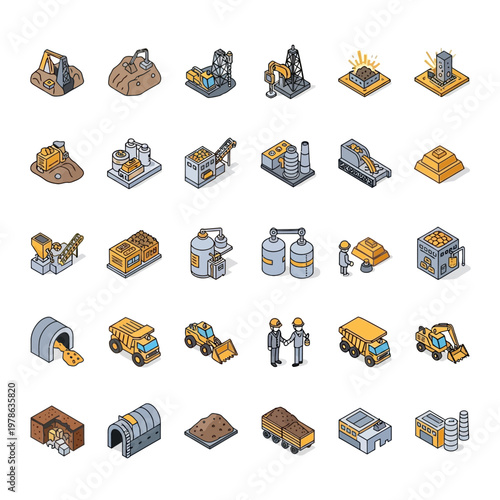 Gold Mining Operations Isometric Icons – Extraction & Processing Vector Set.