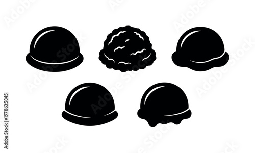 Vanilla ice cream scoop smooth rounded shape, chocolate ice cream scoop textured surface, strawberry ice cream scoop soft curved