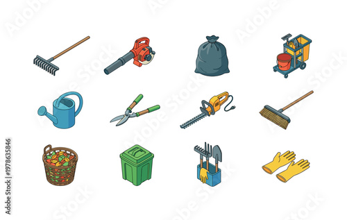 Park cleaning rake, leaf blower tool, trash collection bag, maintenance cart, watering can for plants, pruning shears, hedge