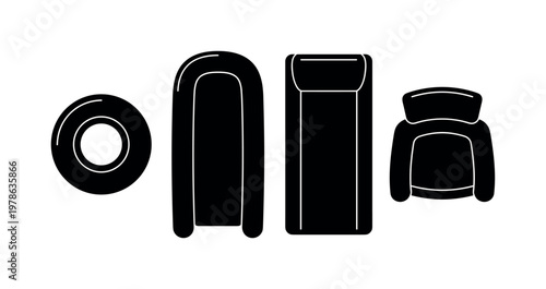 Inflatable pool float ring donut shape, inflatable pool lounger long body form, inflatable pool mattress flat rectangle,